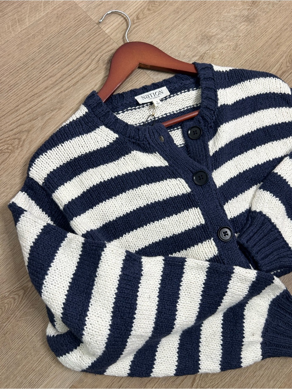 NWT Nation LA 100% Cotton Chunky Knit Navy Striped Button Down Cardigan Sweater